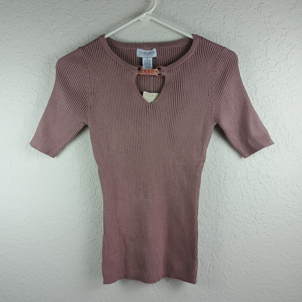 NWT Carmen Marc Valvo Ribbed Keyhole Neck‎ Top Women's Size M Rose Retail $68